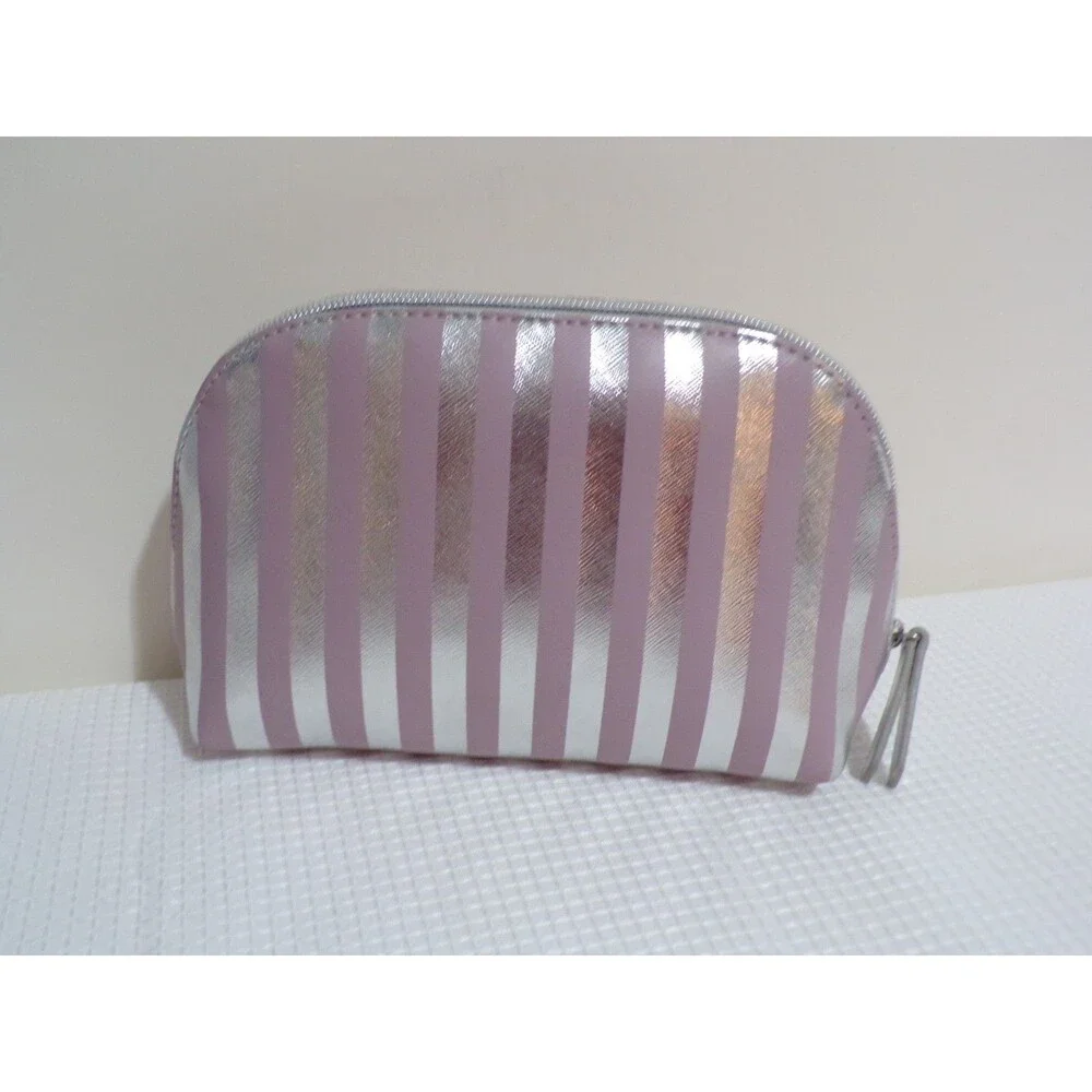 New York & Company Pink & Silver Striped Metallic Cosmitic Bag w/Tag Zipper Clos